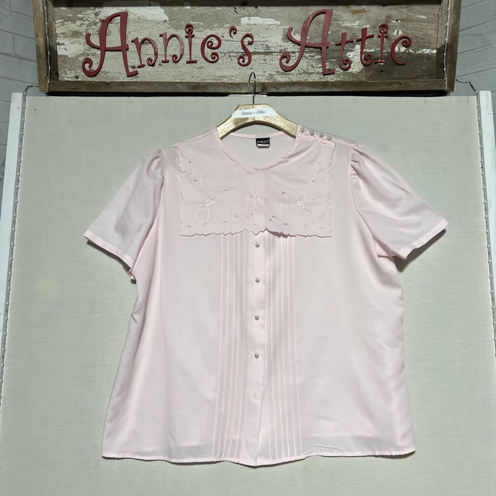 Vintage Button Down Pink Bib Shirt Short Sleeve L/XL Brian Michelle Blouse